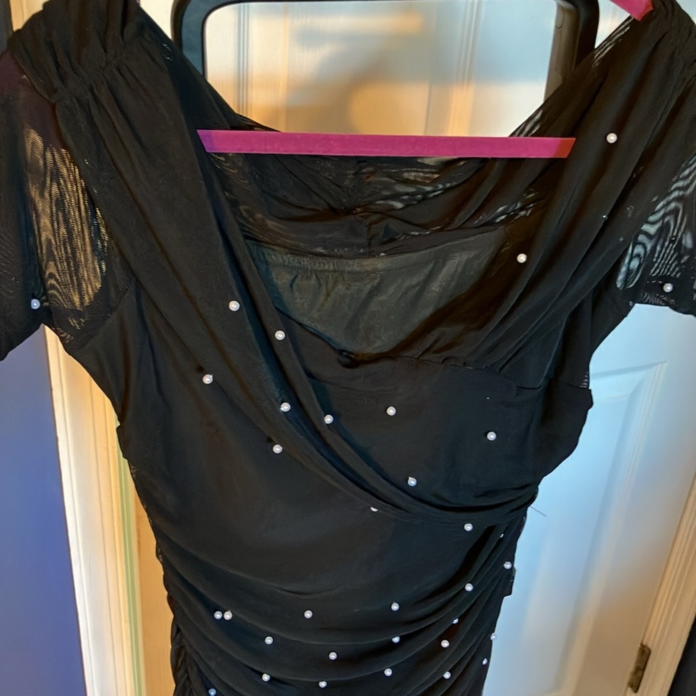 Floerns Black Ruffle Scrunch Pearl Midi Short Sleeve Dress Large